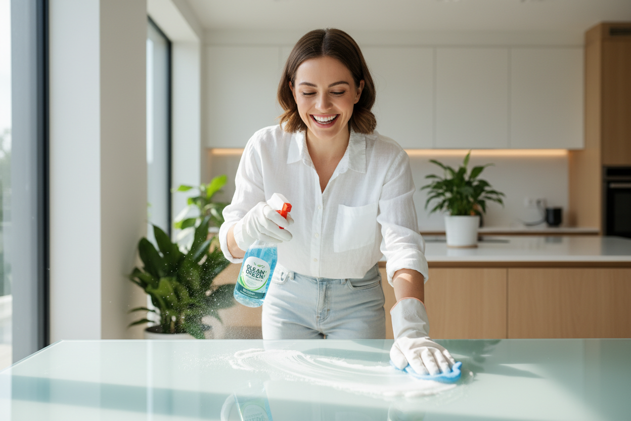 Woman spray cleaning and smiling